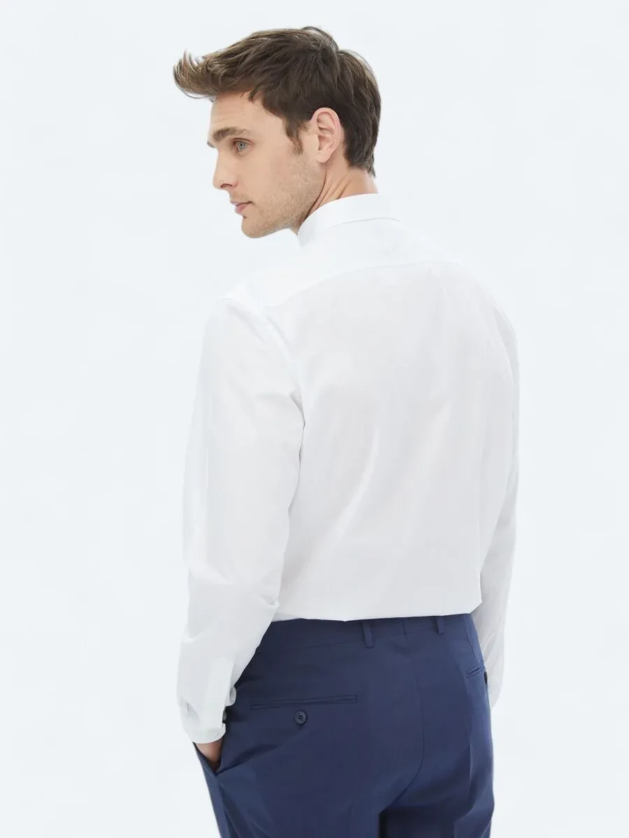 White Plain Slim Fit Weaving Classical 100% Cotton Shirt - 6