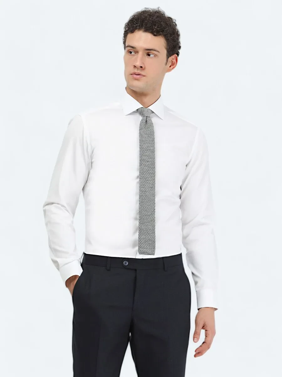 White Plain Slim Fit Weaving Classical 100% Cotton Shirt - 1