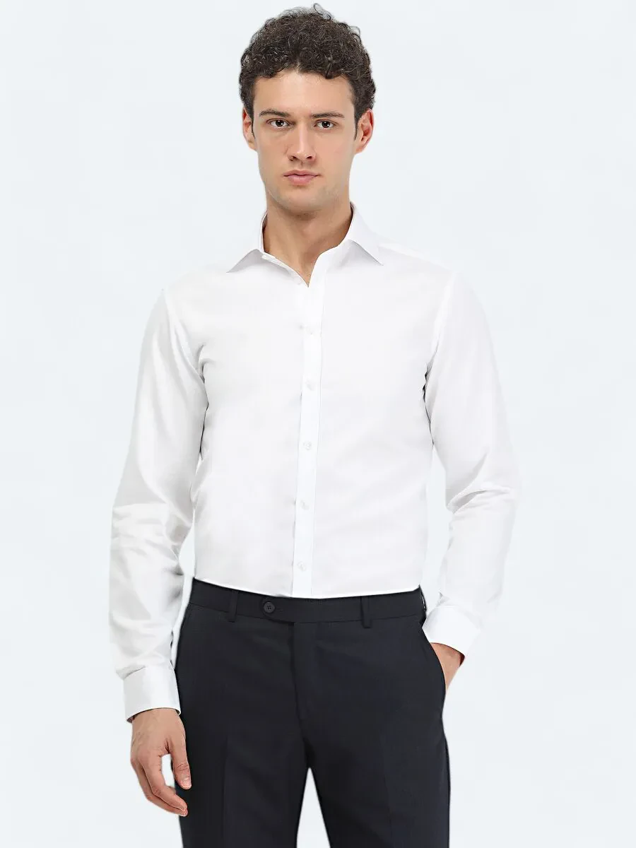 White Plain Slim Fit Weaving Classical 100% Cotton Shirt - 2