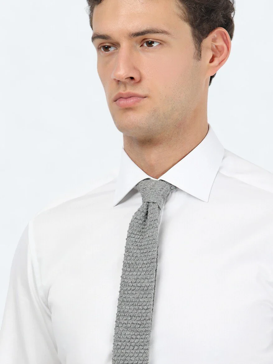 White Plain Slim Fit Weaving Classical 100% Cotton Shirt - 4