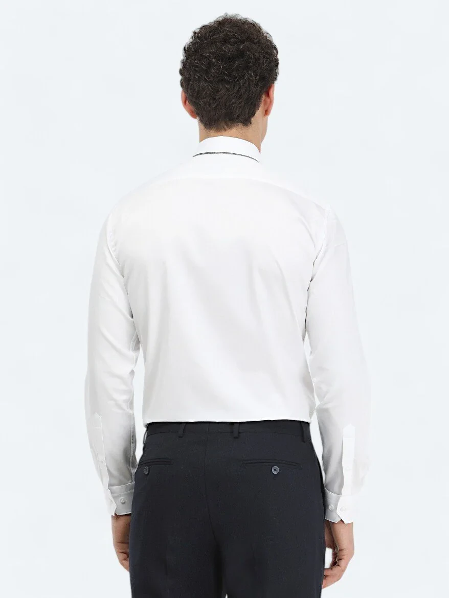 White Plain Slim Fit Weaving Classical 100% Cotton Shirt - 5