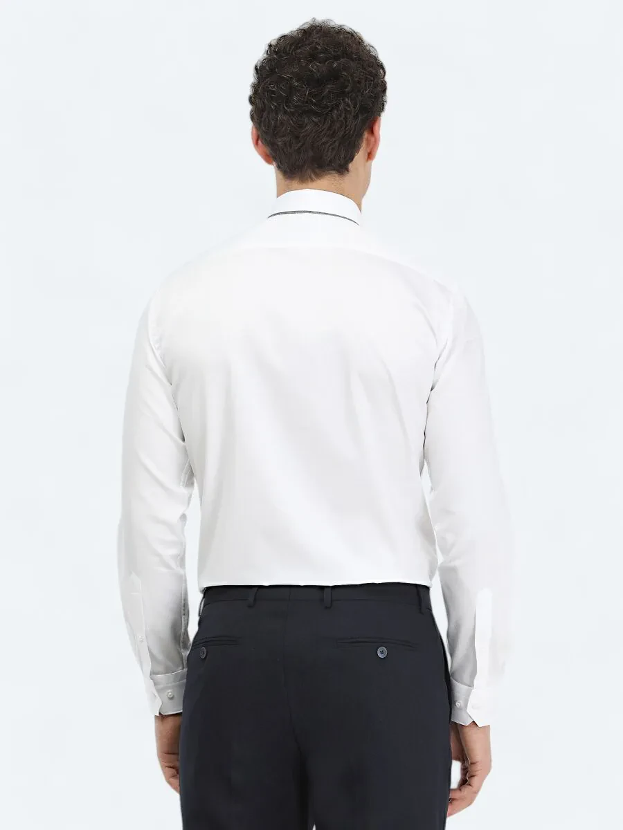 White Plain Slim Fit Weaving Classical 100% Cotton Shirt - 5