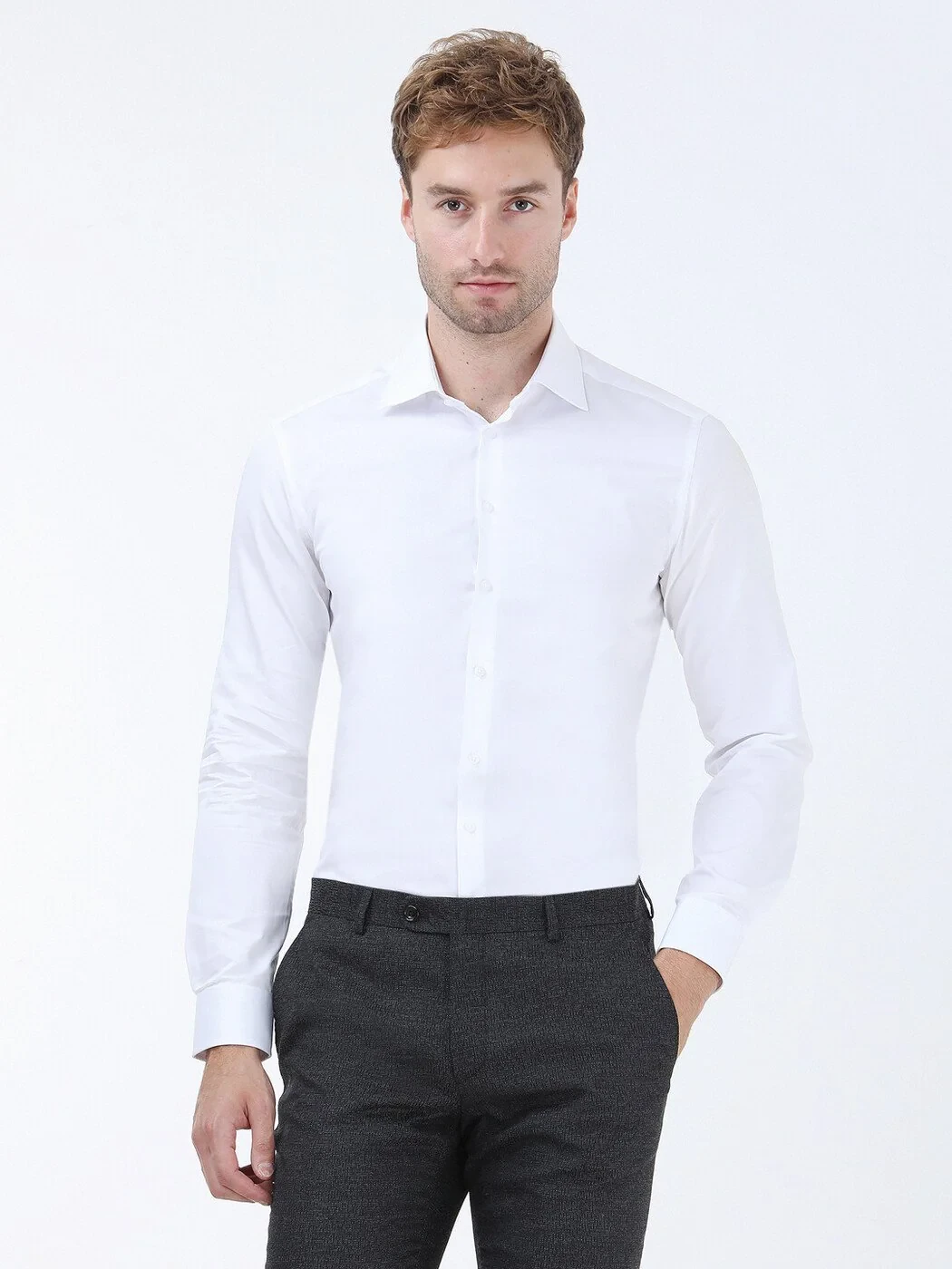 White Plain Slim Fit Weaving Classical 100% Cotton Shirt - 1