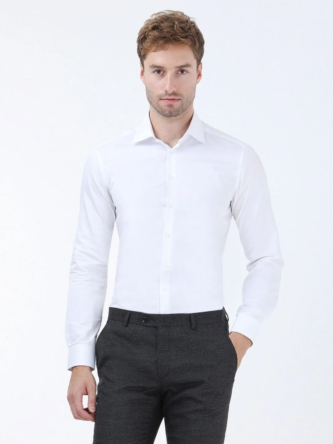 White Plain Slim Fit Weaving Classical 100% Cotton Shirt - 1