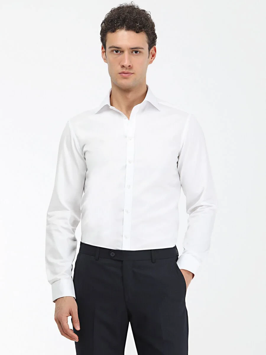 White Plain Slim Fit Weaving Classical 100% Cotton Shirt - 1
