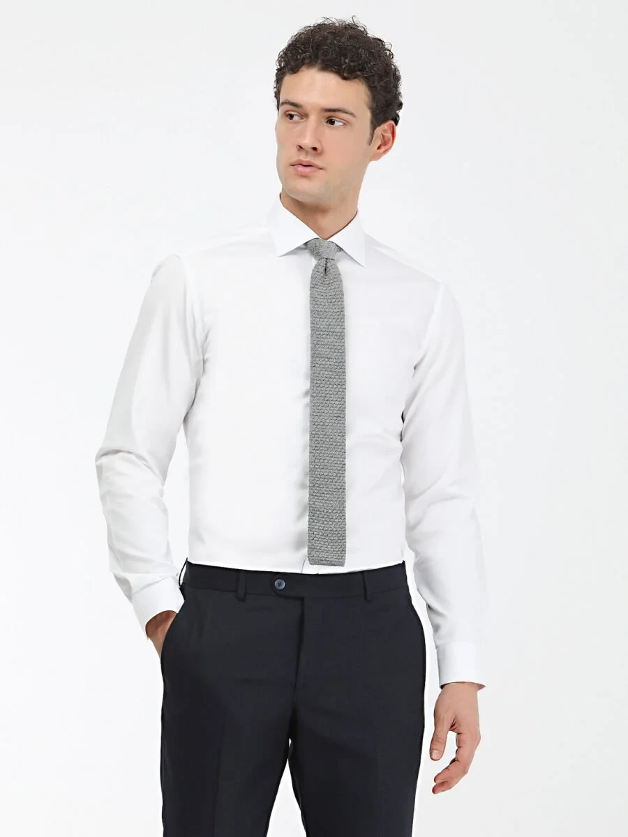 White Plain Slim Fit Weaving Classical 100% Cotton Shirt - 2