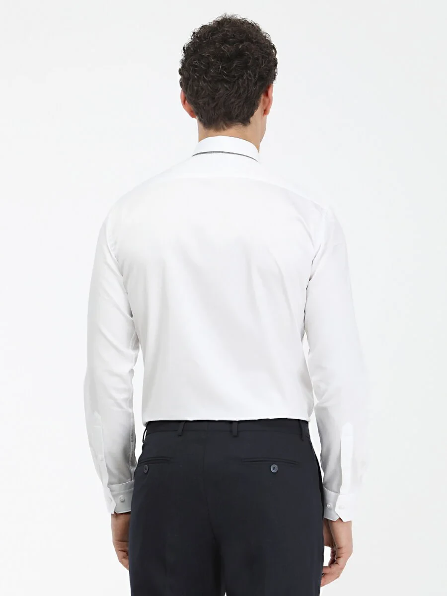 White Plain Slim Fit Weaving Classical 100% Cotton Shirt - 5