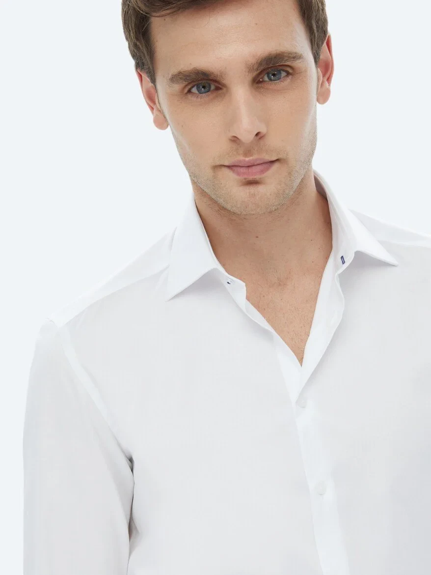 White Plain Slim Fit Weaving Classical 100% Cotton Shirt - 4