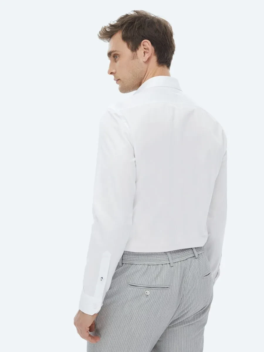 White Plain Slim Fit Weaving Classical 100% Cotton Shirt - 8
