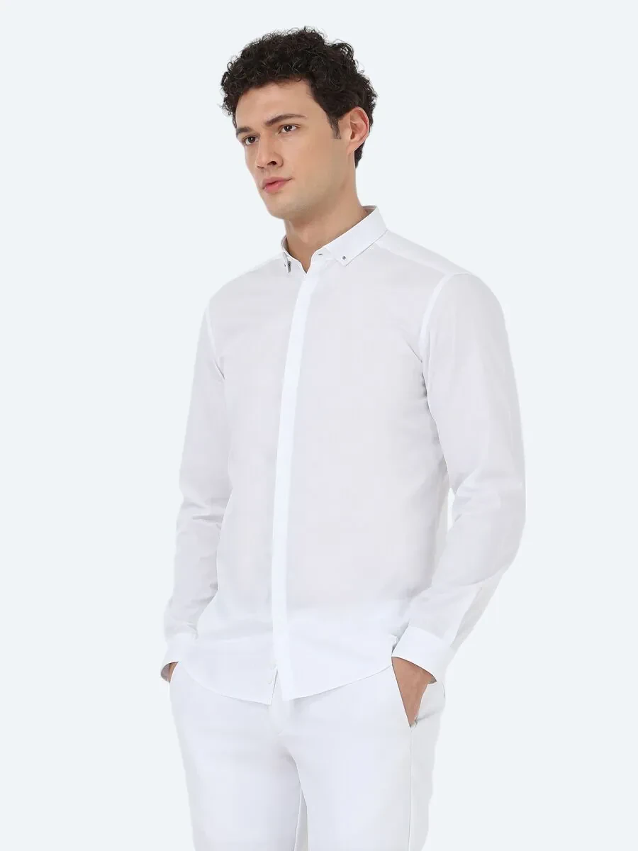 White Plain Slim Fit Weaving Classical 100% Cotton Shirt - 1