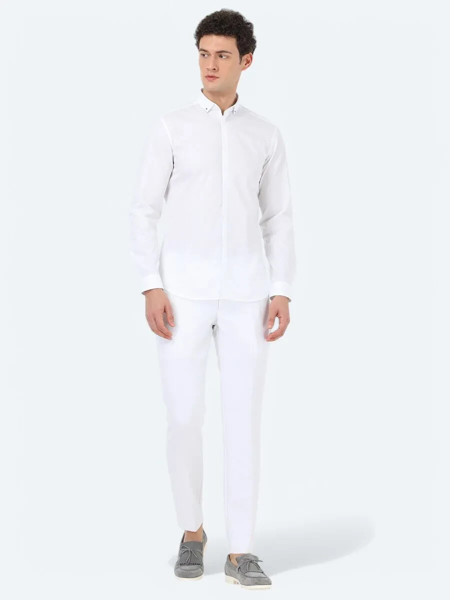 White Plain Slim Fit Weaving Classical 100% Cotton Shirt - 2