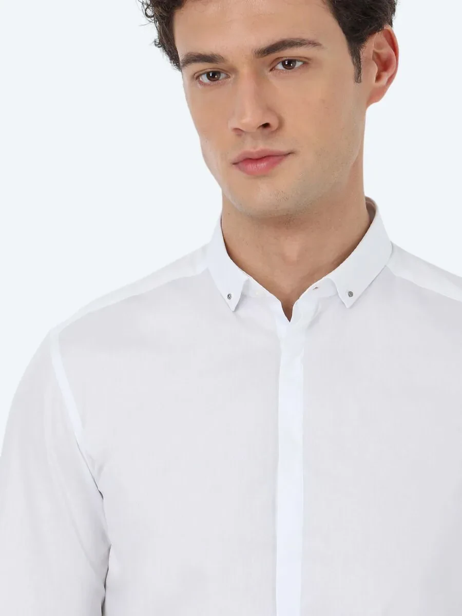 White Plain Slim Fit Weaving Classical 100% Cotton Shirt - 5