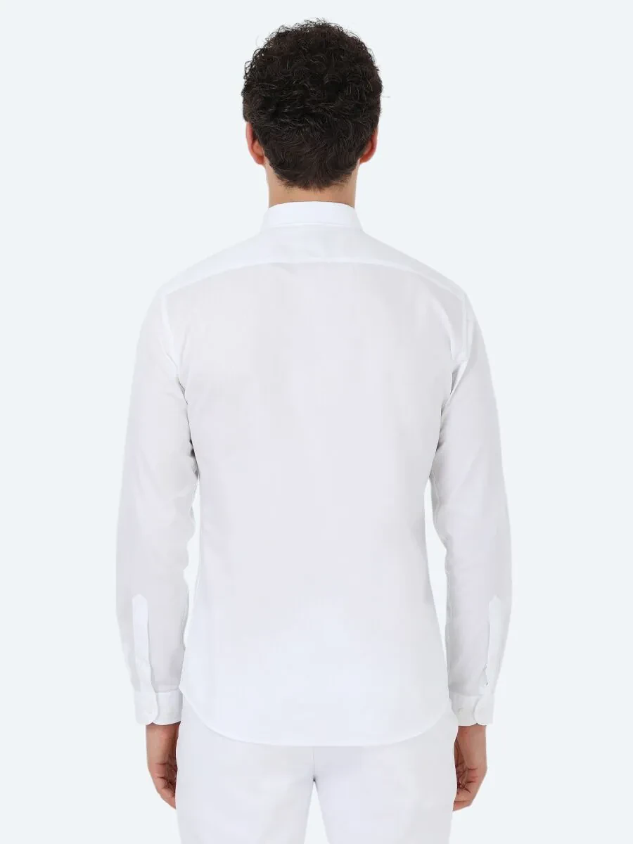 White Plain Slim Fit Weaving Classical 100% Cotton Shirt - 7