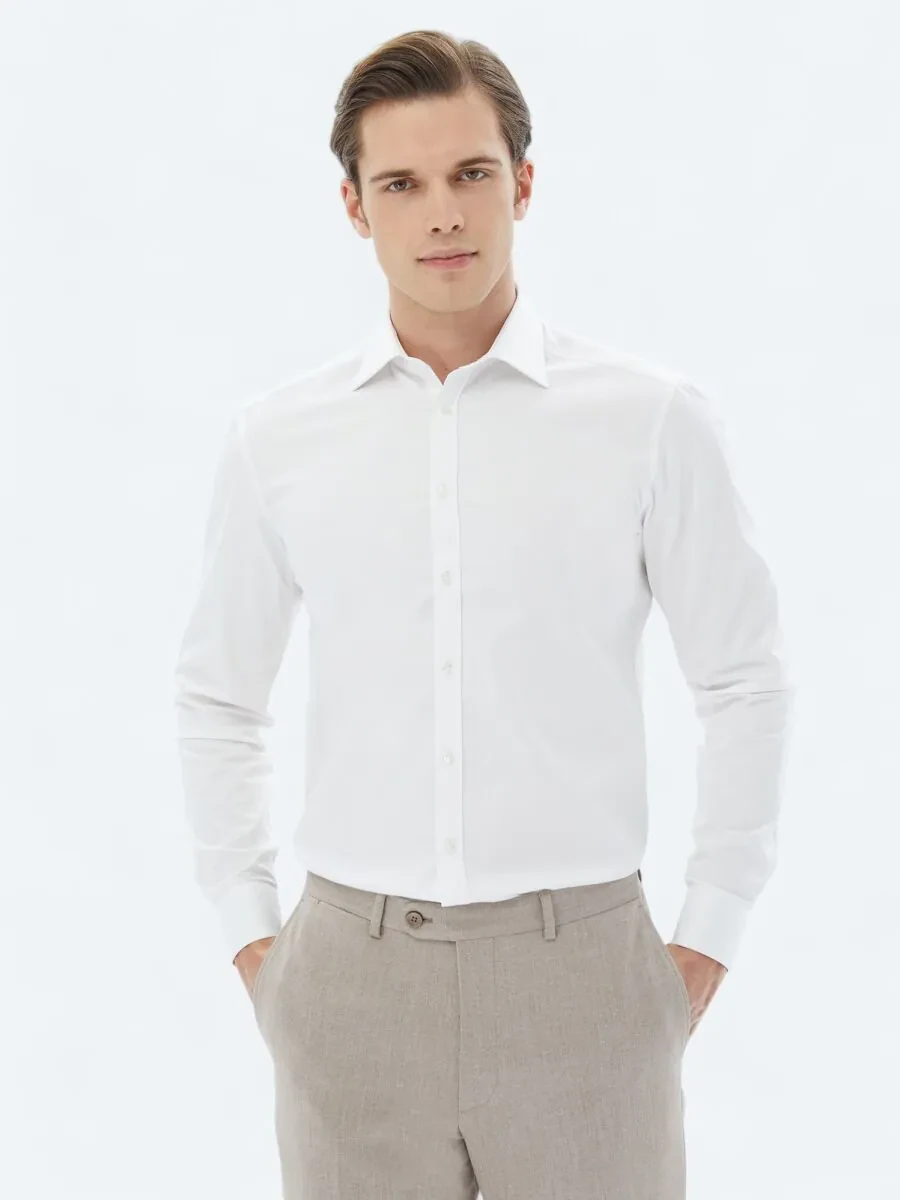 White Plain Slim Fit Weaving Classical 100% Cotton Shirt - 1
