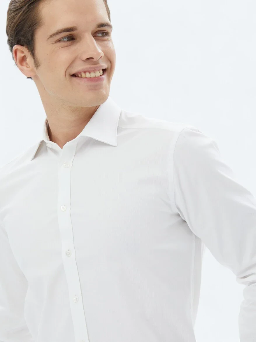 White Plain Slim Fit Weaving Classical 100% Cotton Shirt - 3