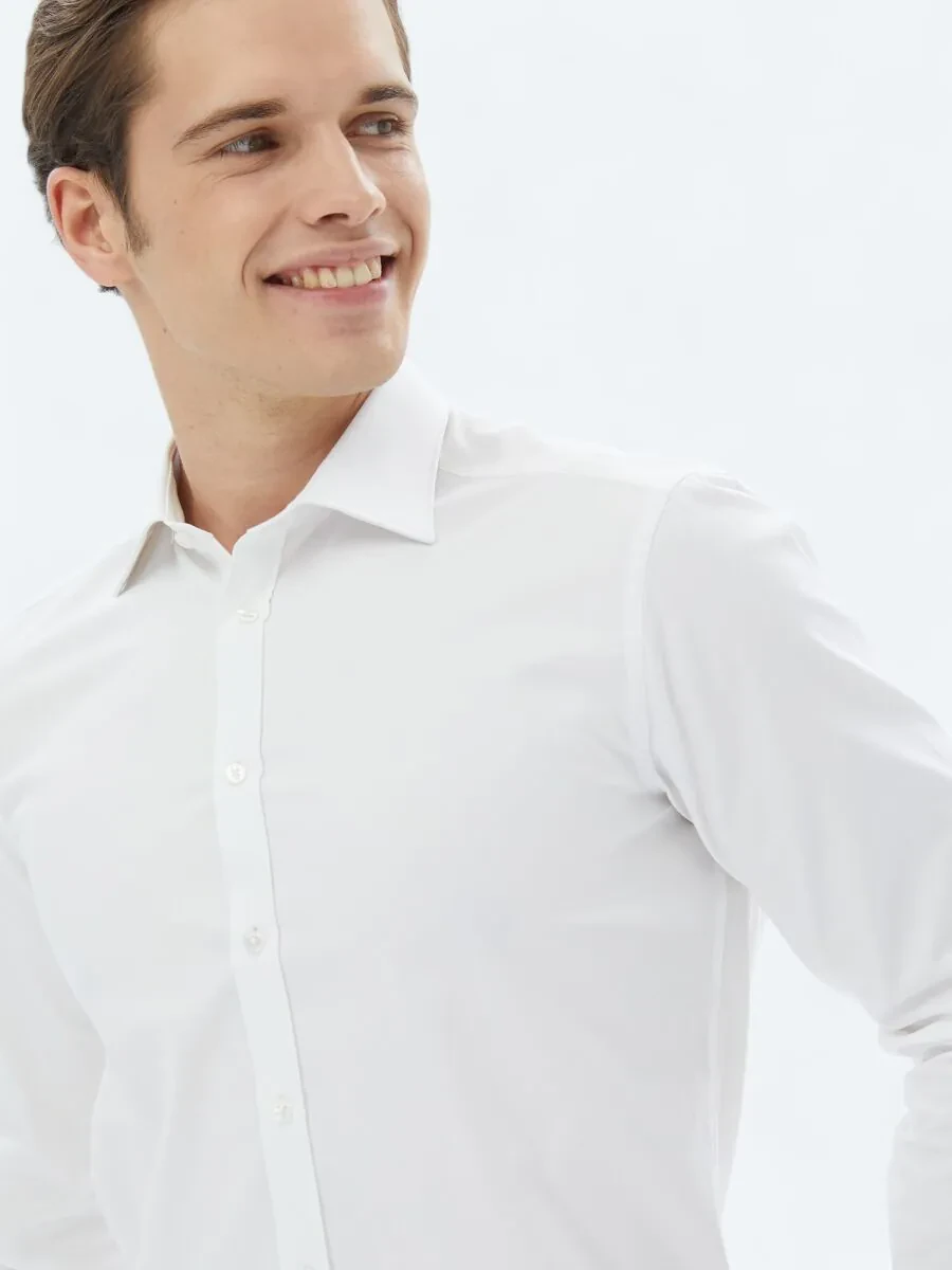 White Plain Slim Fit Weaving Classical 100% Cotton Shirt - 3