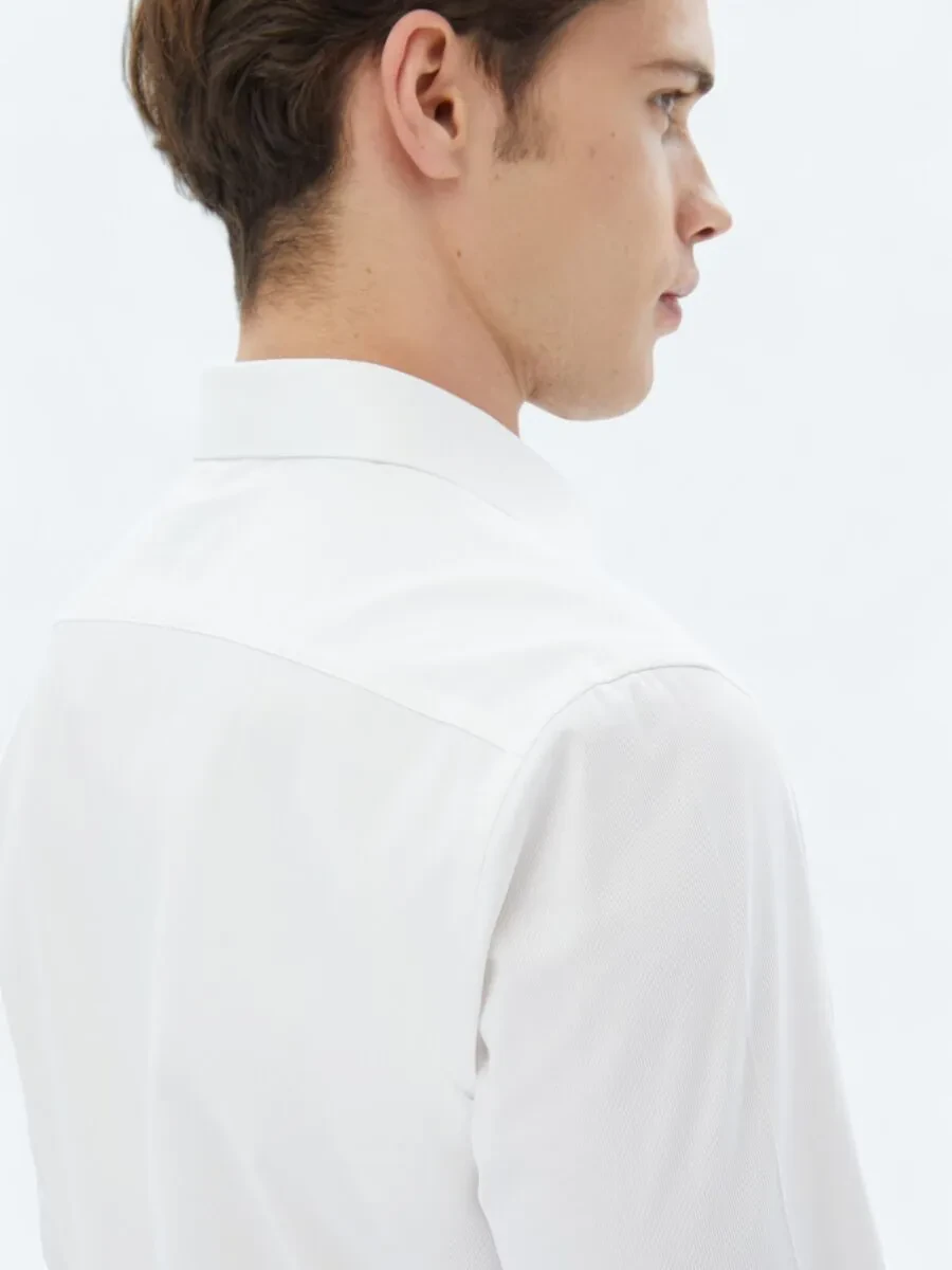 White Plain Slim Fit Weaving Classical 100% Cotton Shirt - 4