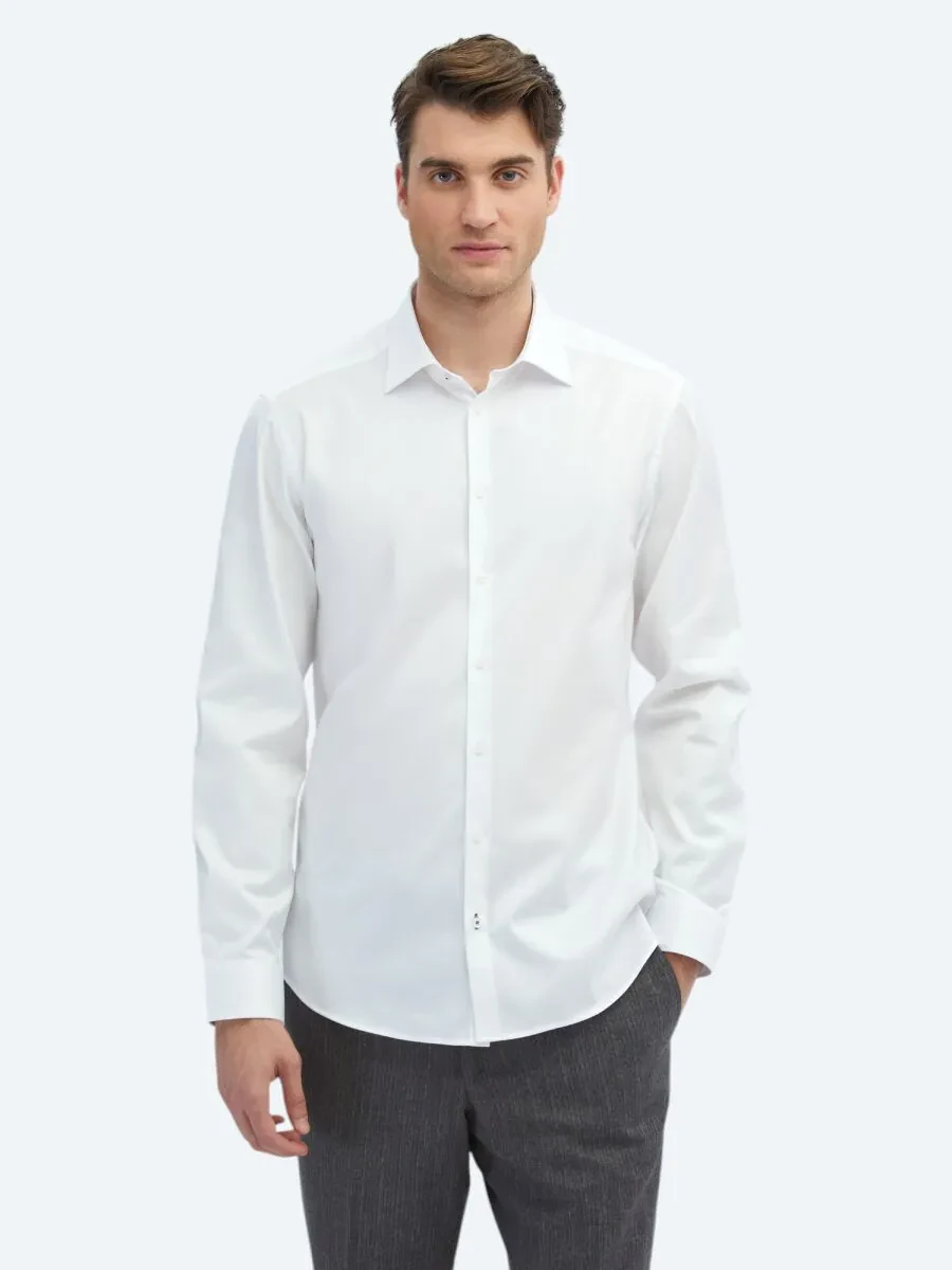 White Plain Slim Fit Weaving Classical 100% Cotton Shirt - 1