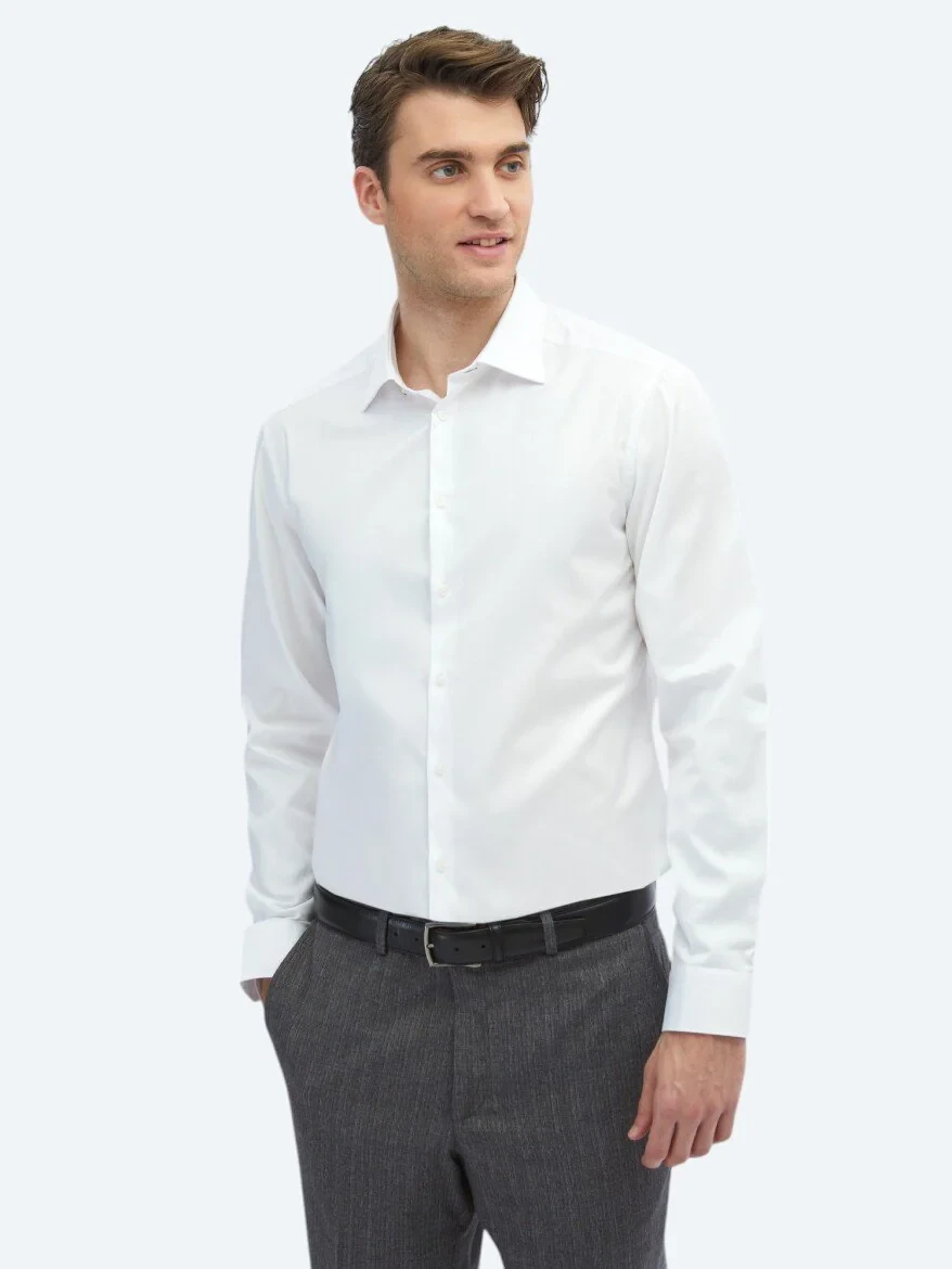 White Plain Slim Fit Weaving Classical 100% Cotton Shirt - 3