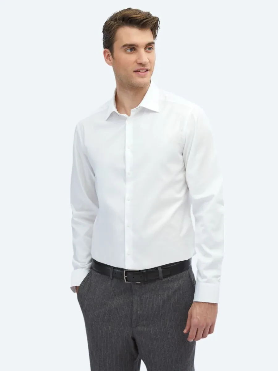 White Plain Slim Fit Weaving Classical 100% Cotton Shirt - 3
