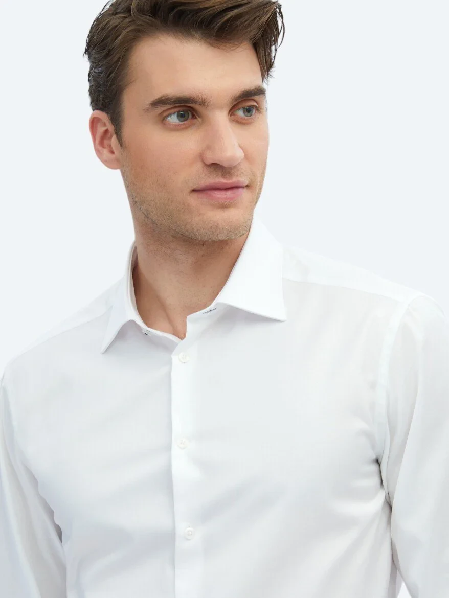 White Plain Slim Fit Weaving Classical 100% Cotton Shirt - 4