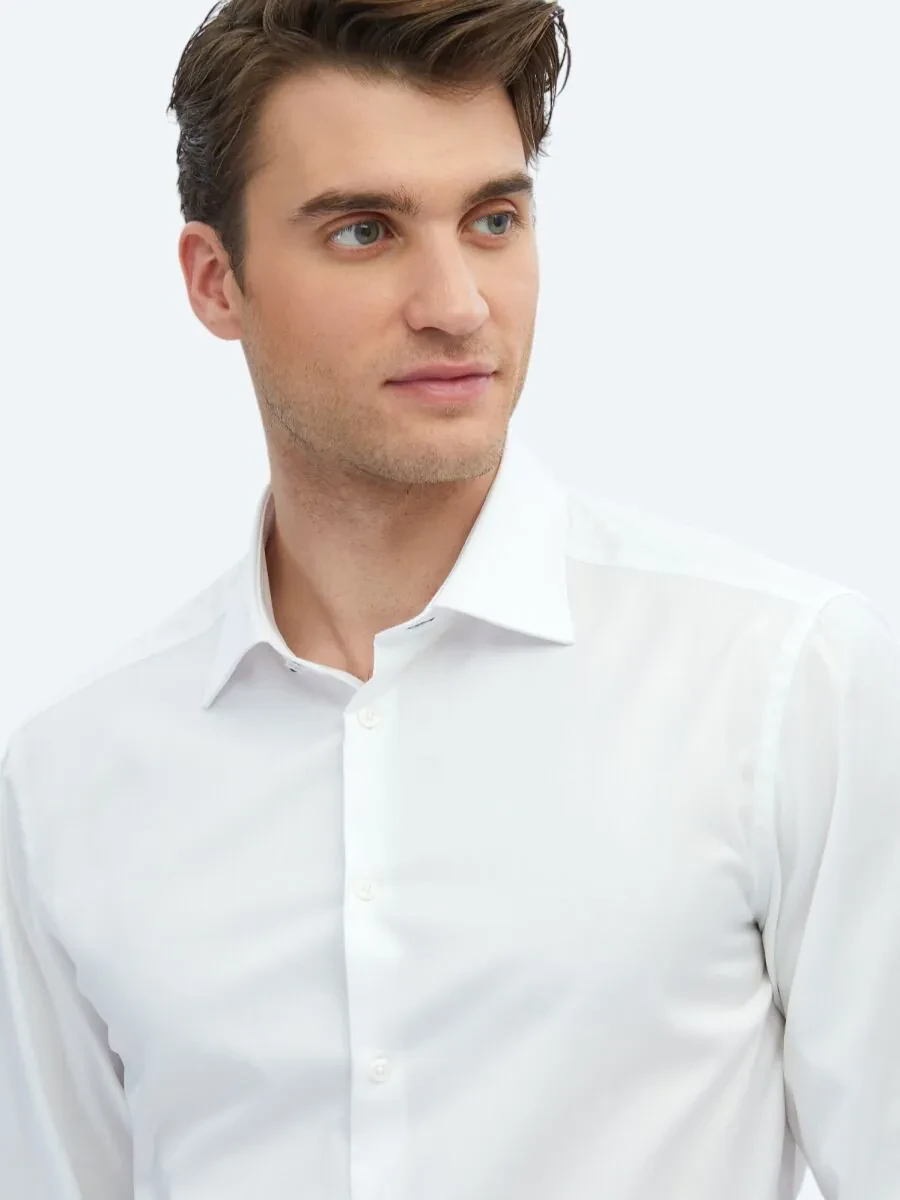 White Plain Slim Fit Weaving Classical 100% Cotton Shirt - 4