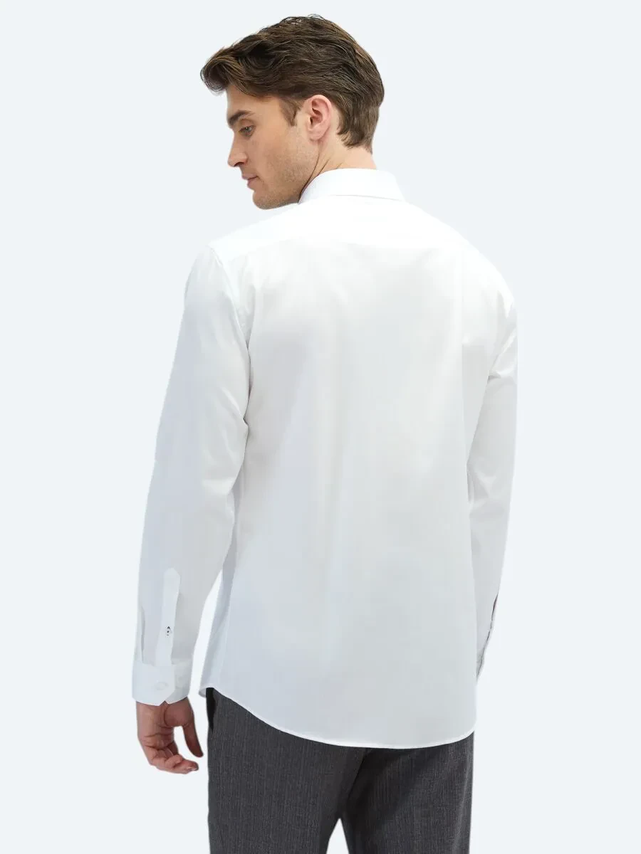 White Plain Slim Fit Weaving Classical 100% Cotton Shirt - 6