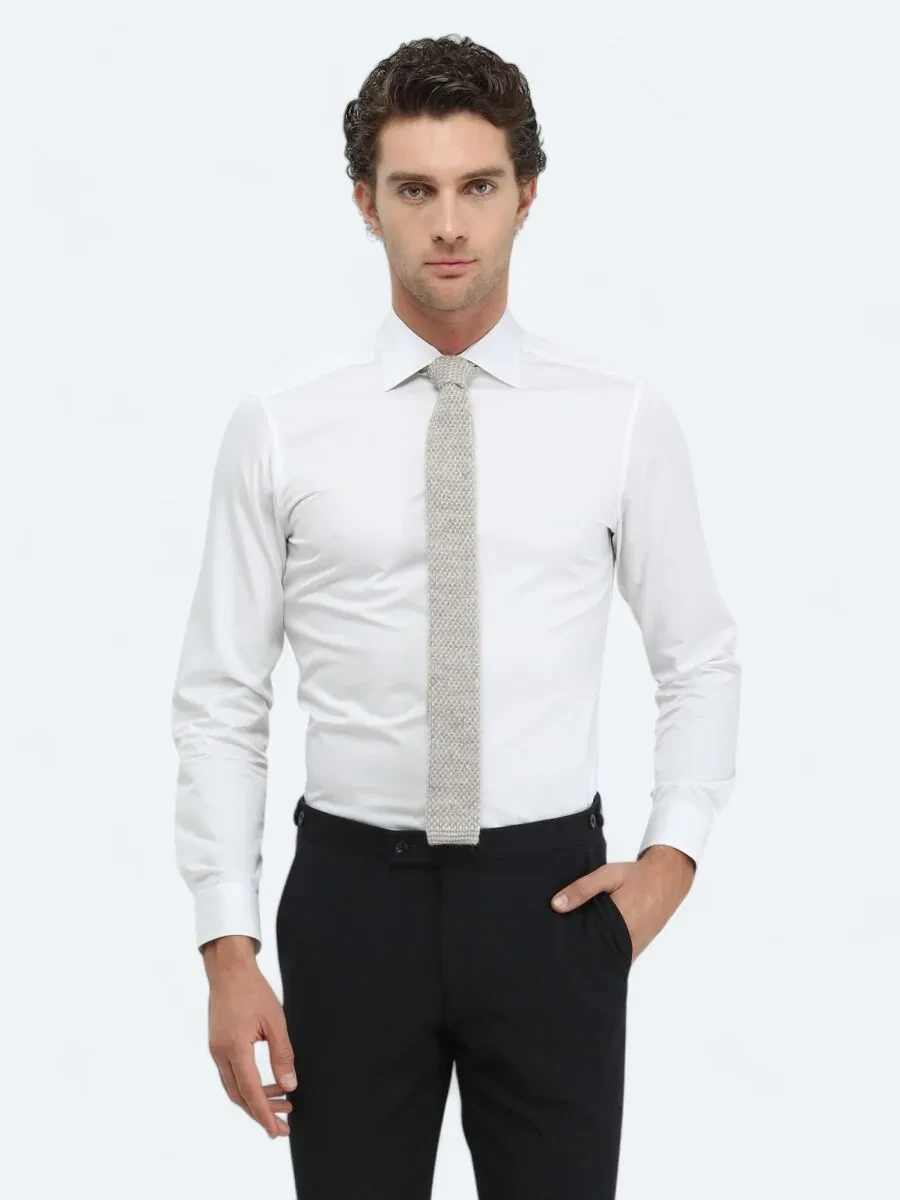 White Plain Slim Fit Weaving Classical 100% Cotton Shirt - 1