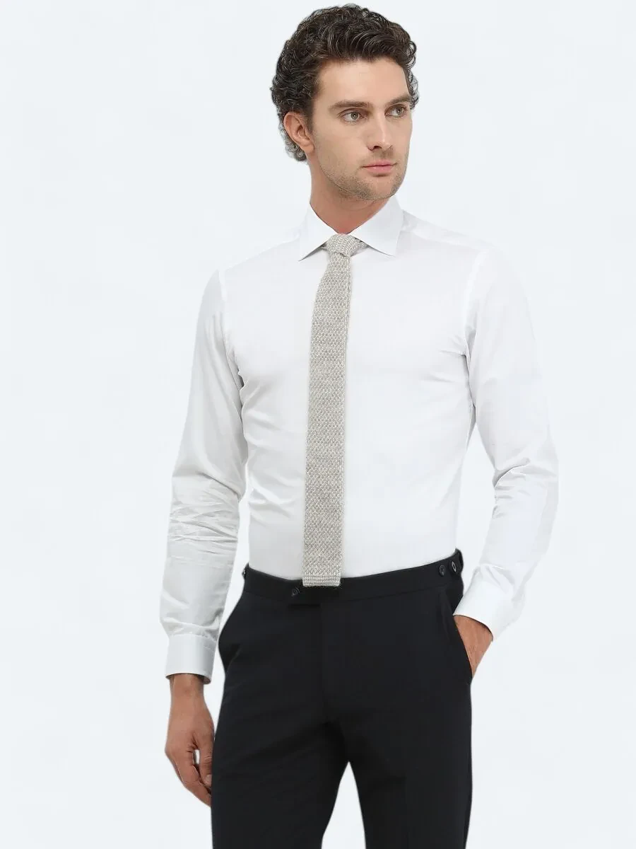 White Plain Slim Fit Weaving Classical 100% Cotton Shirt - 2
