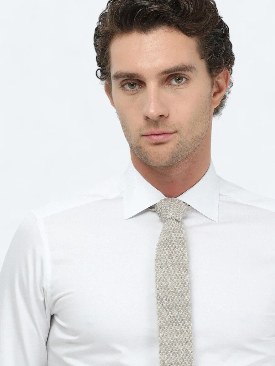 White Plain Slim Fit Weaving Classical 100% Cotton Shirt - 3