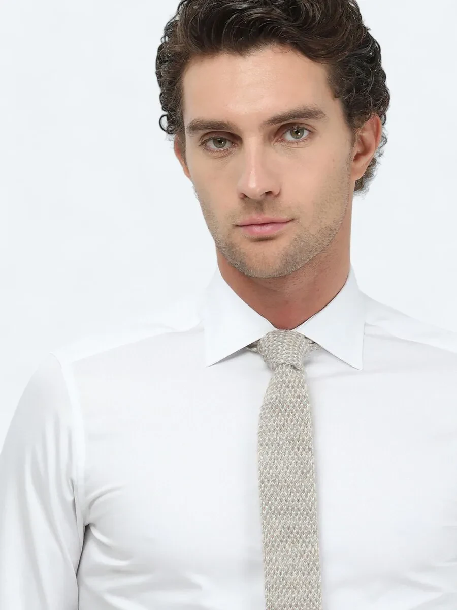 White Plain Slim Fit Weaving Classical 100% Cotton Shirt - 3