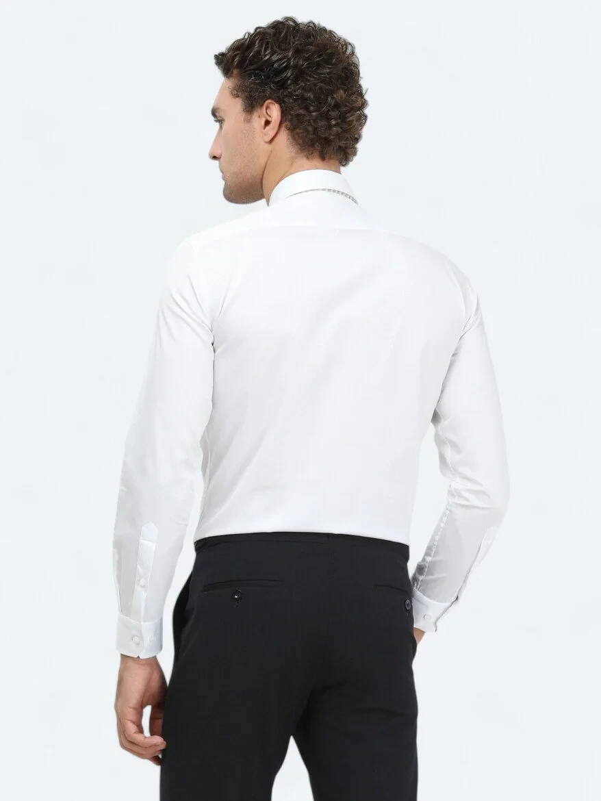 White Plain Slim Fit Weaving Classical 100% Cotton Shirt - 5