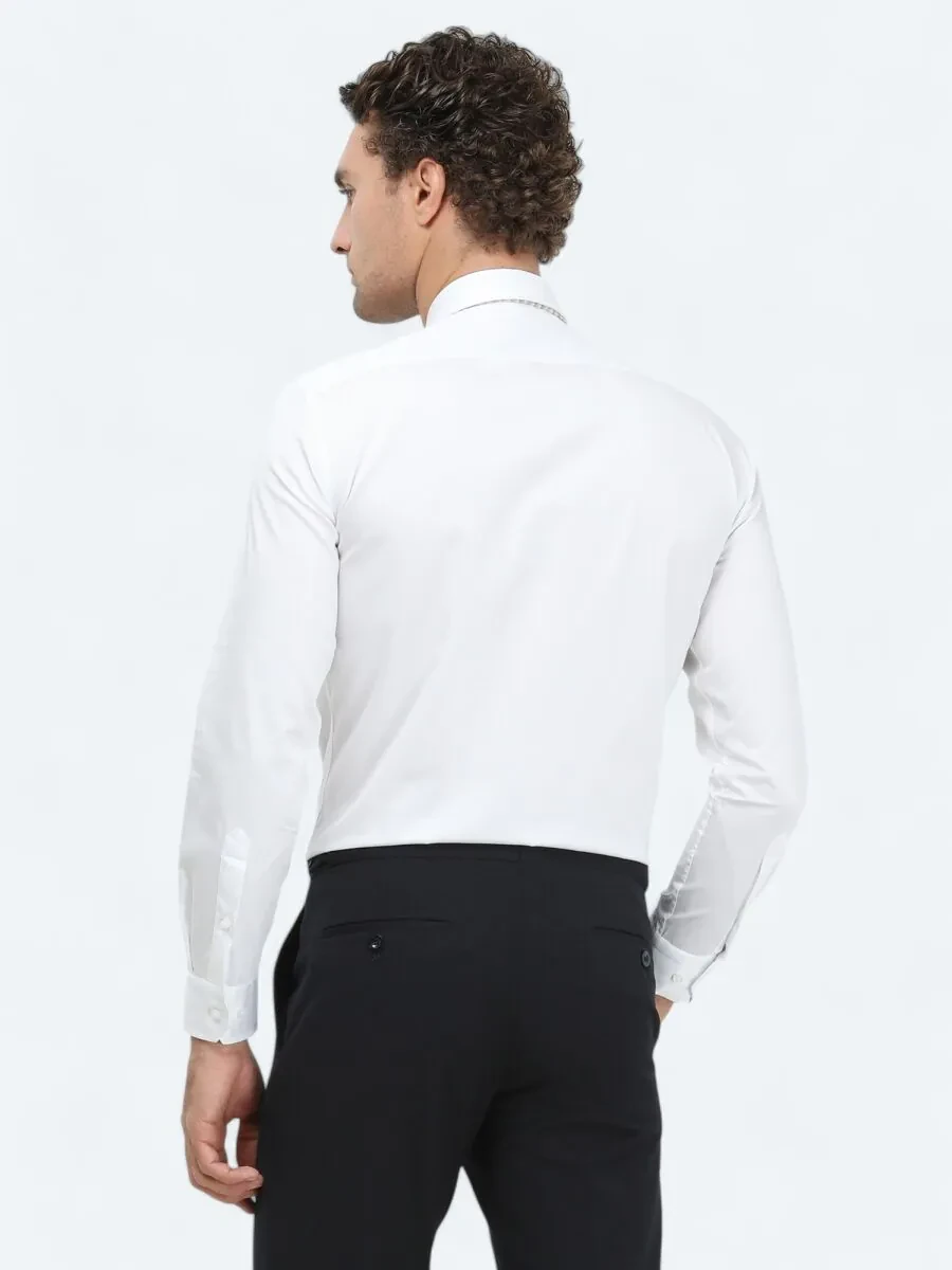 White Plain Slim Fit Weaving Classical 100% Cotton Shirt - 5