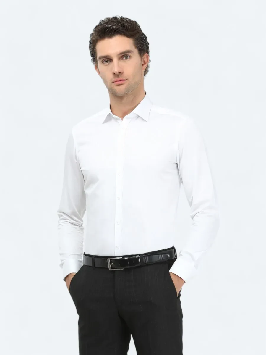 White Plain Slim Fit Weaving Classical 100% Cotton Shirt - 1