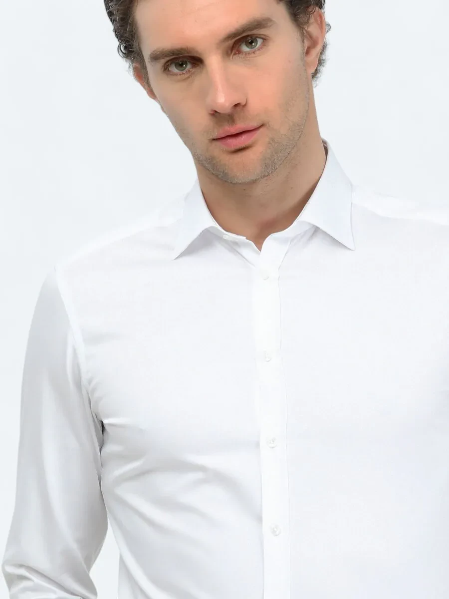 White Plain Slim Fit Weaving Classical 100% Cotton Shirt - 3