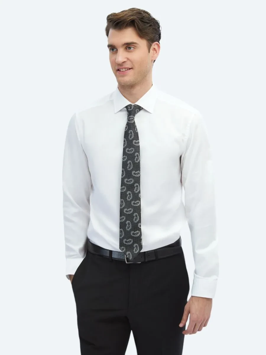 White Plain Slim Fit Weaving Classical 100% Cotton Shirt - 1