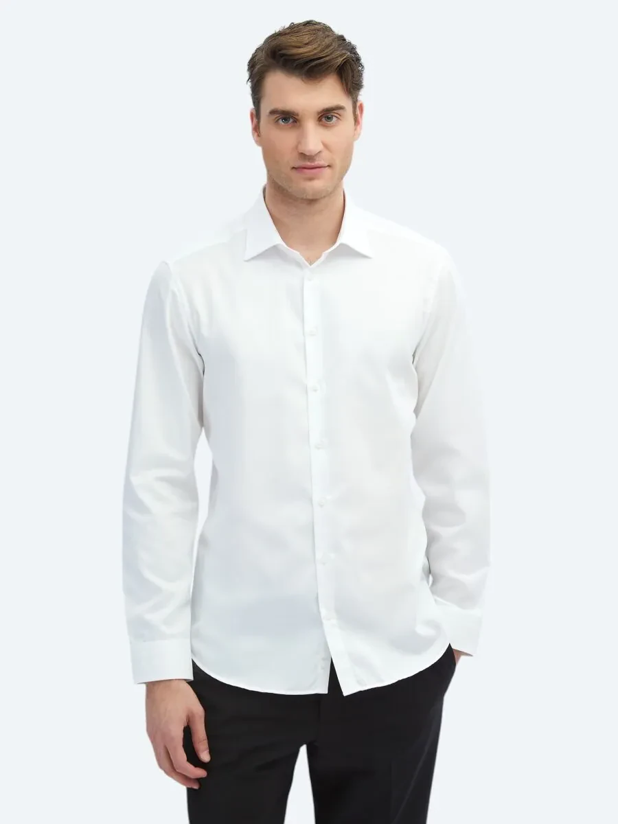 White Plain Slim Fit Weaving Classical 100% Cotton Shirt - 3