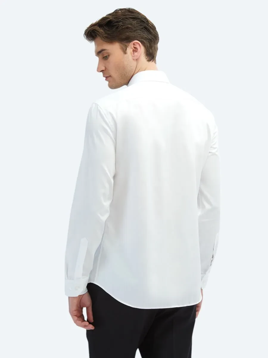 White Plain Slim Fit Weaving Classical 100% Cotton Shirt - 5