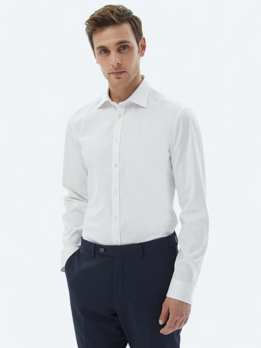 White Plain Slim Fit Weaving Classical 100% Cotton Shirt - 1