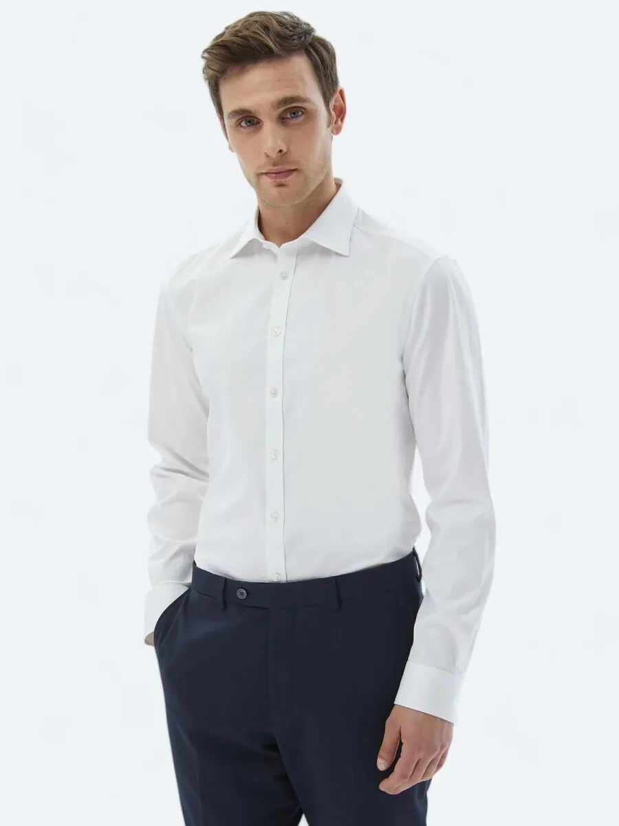 White Plain Slim Fit Weaving Classical 100% Cotton Shirt - 1
