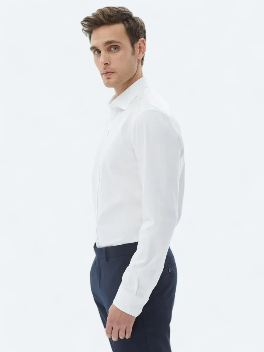 White Plain Slim Fit Weaving Classical 100% Cotton Shirt - 3