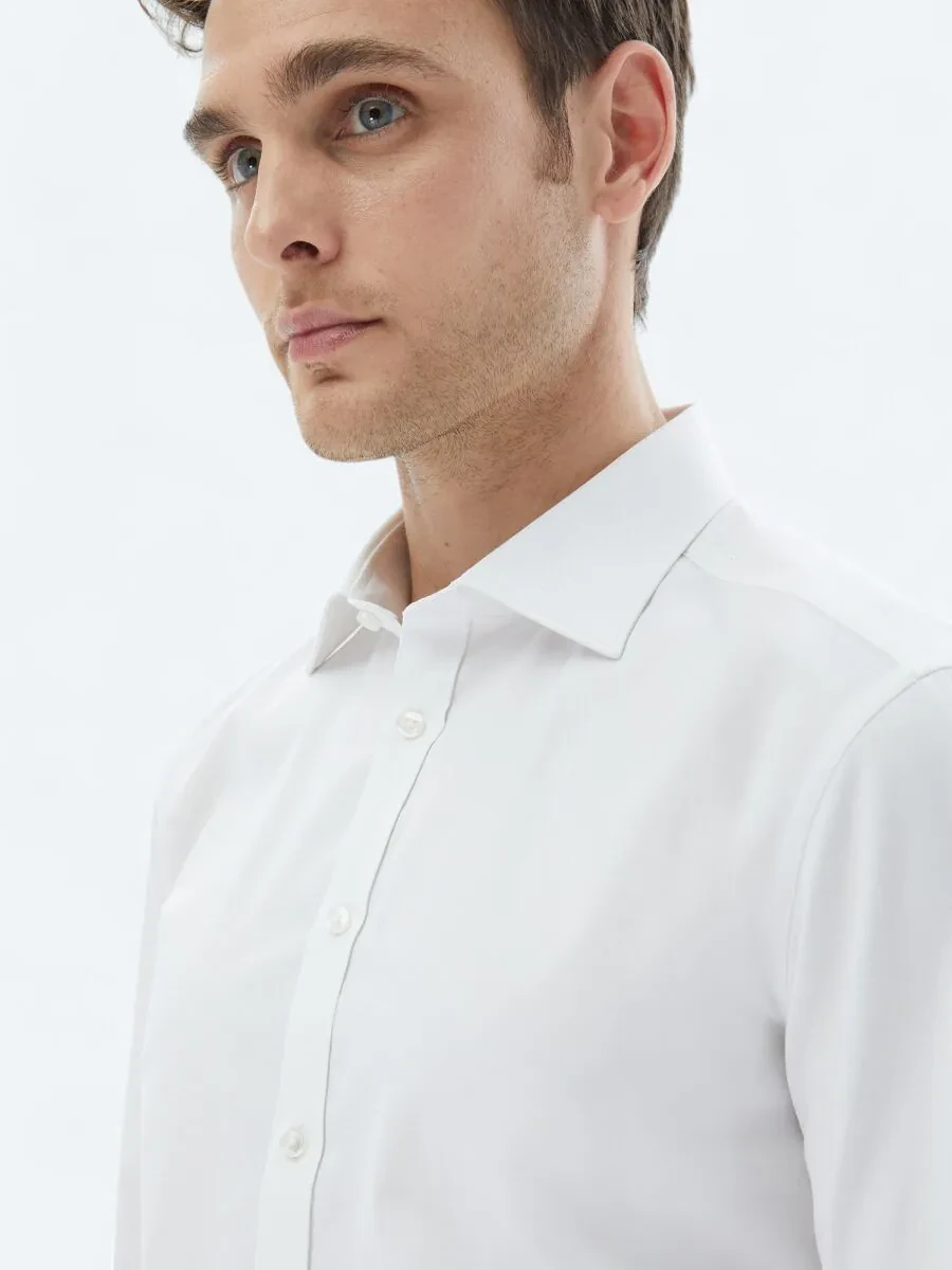 White Plain Slim Fit Weaving Classical 100% Cotton Shirt - 4