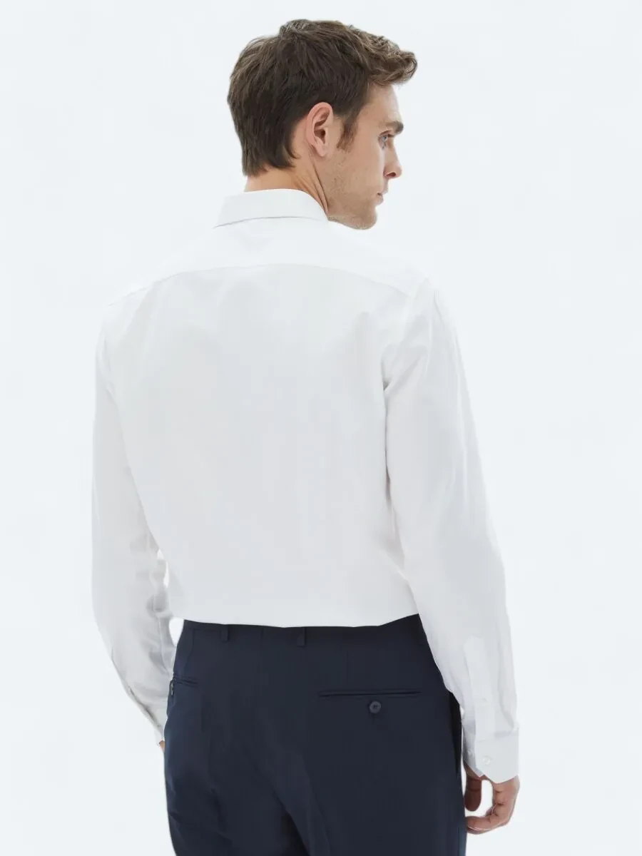 White Plain Slim Fit Weaving Classical 100% Cotton Shirt - 5