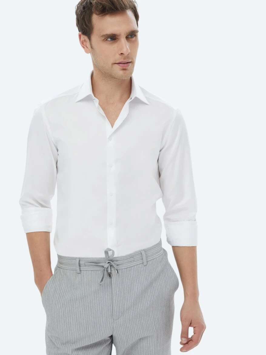 White Plain Slim Fit Weaving Classical 100% Cotton Shirt 
