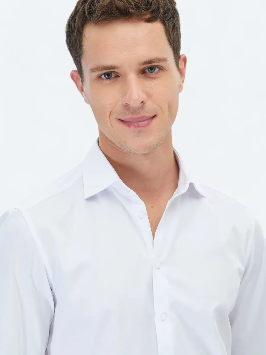 White Plain Slim Fit Weaving Classical 100% Cotton Shirt - 2