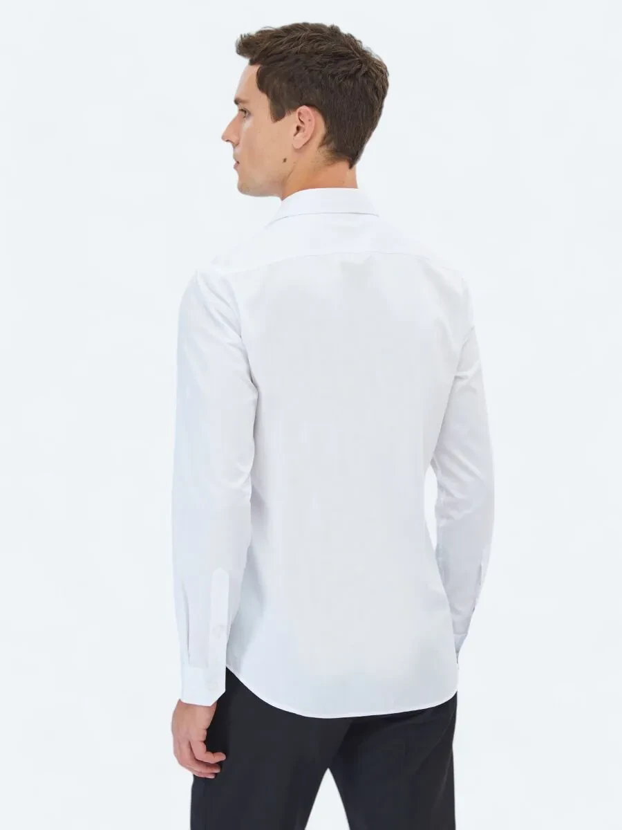 White Plain Slim Fit Weaving Classical 100% Cotton Shirt - 4