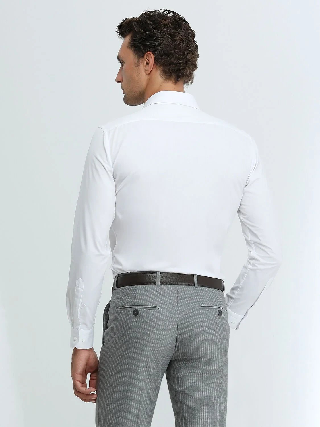 White Plain Slim Fit Weaving Classical Cotton Blended Shirt - 5