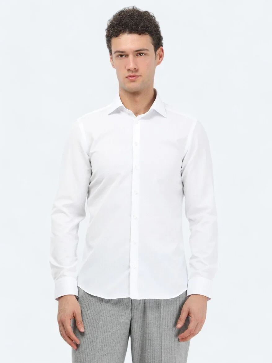 White Plain Slim Fit Weaving Classical Cotton Blended Shirt - 3