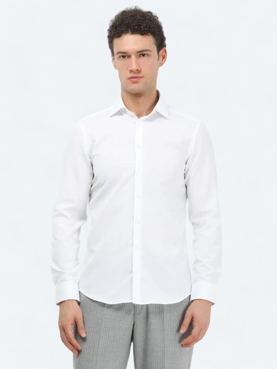 White Plain Slim Fit Weaving Classical Cotton Blended Shirt - 3