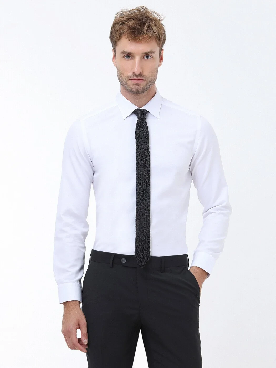 White Plain Slim Fit Weaving Classical Cotton Blended Shirt - 1